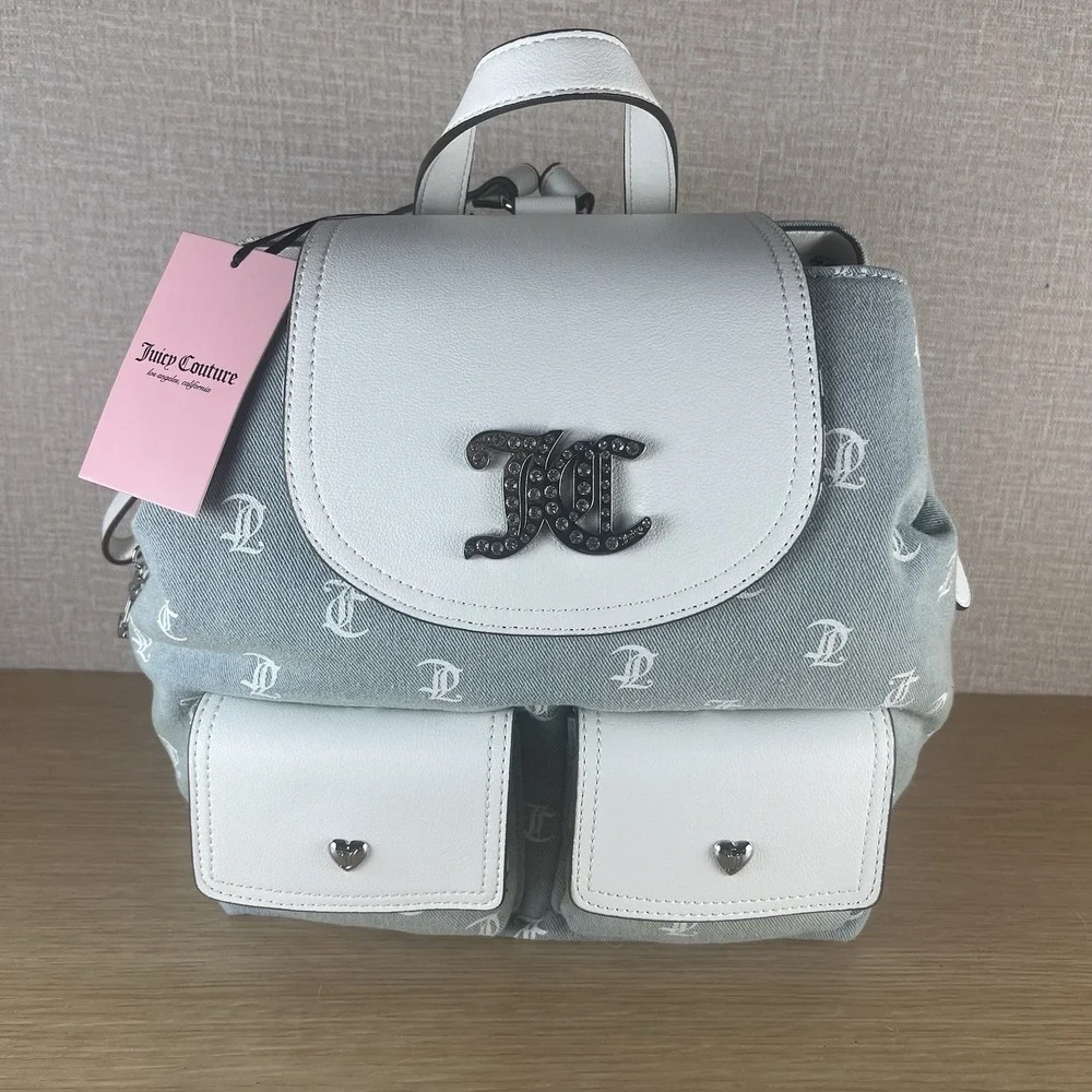 Juicy Couture Denim Monogram Back To Class Backpack RhinestoneLogo WhiteTrim NWT